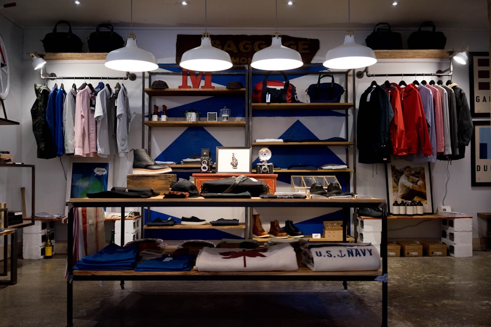 A boutique retail store interior with product displays