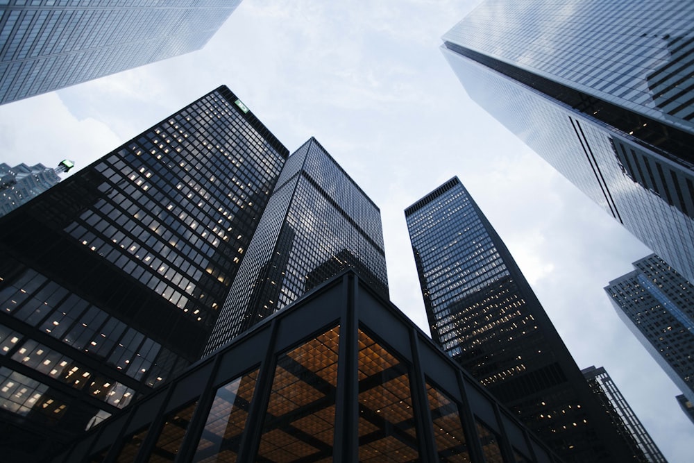 Modern glass skyscrapers viewed from below against the sky